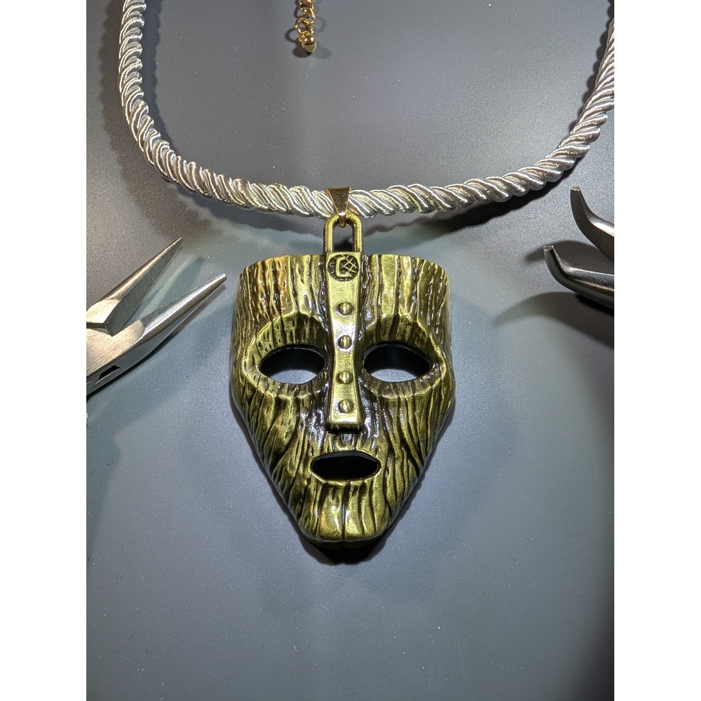 Loki Mask Pendant Necklace Norse Mythology Antique Bronze Wood Texture Rope Cord